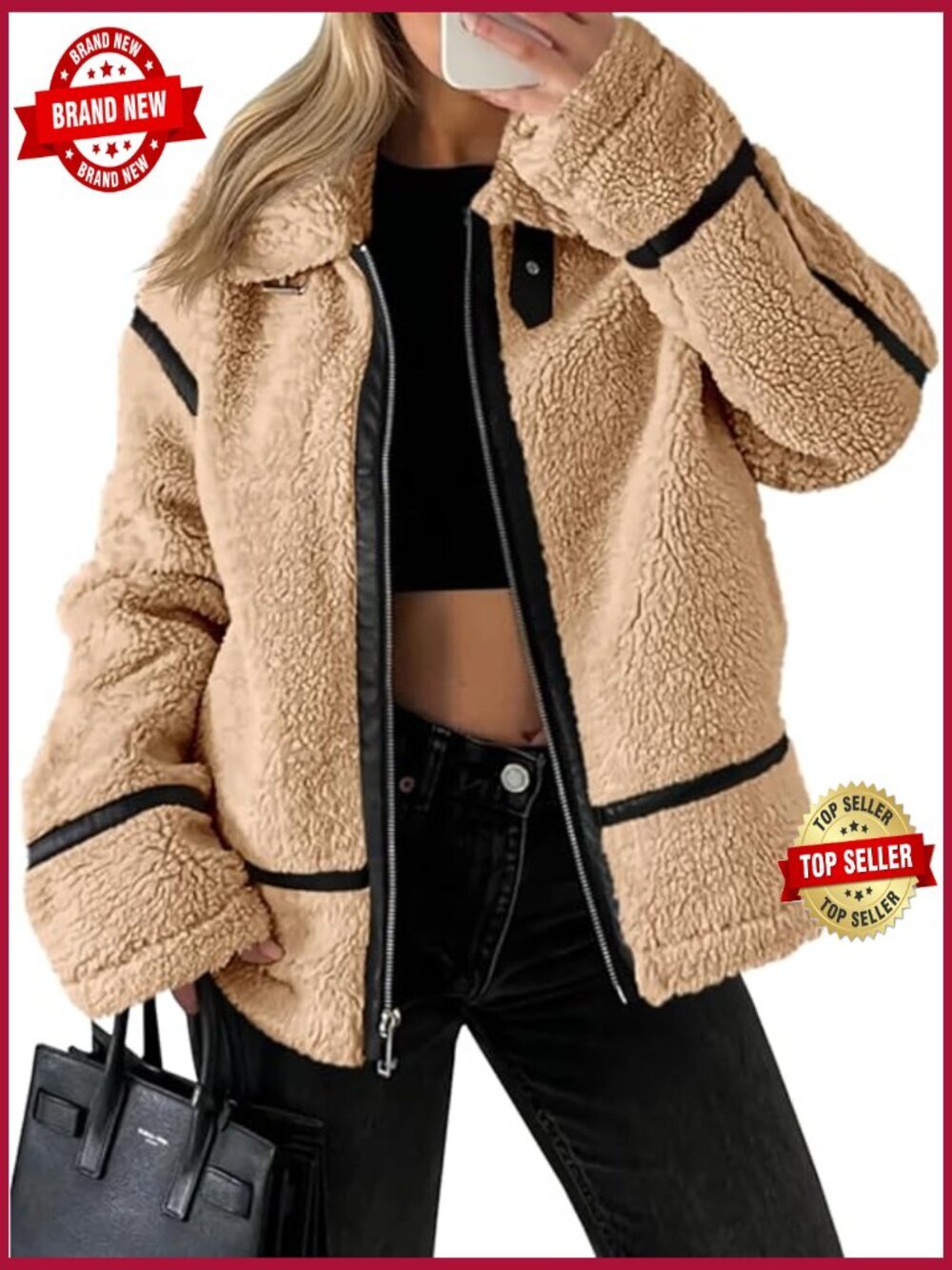 Faux Fur Leather Patchwork Moto Jacket Zip Up Sherpa Coat Trendy